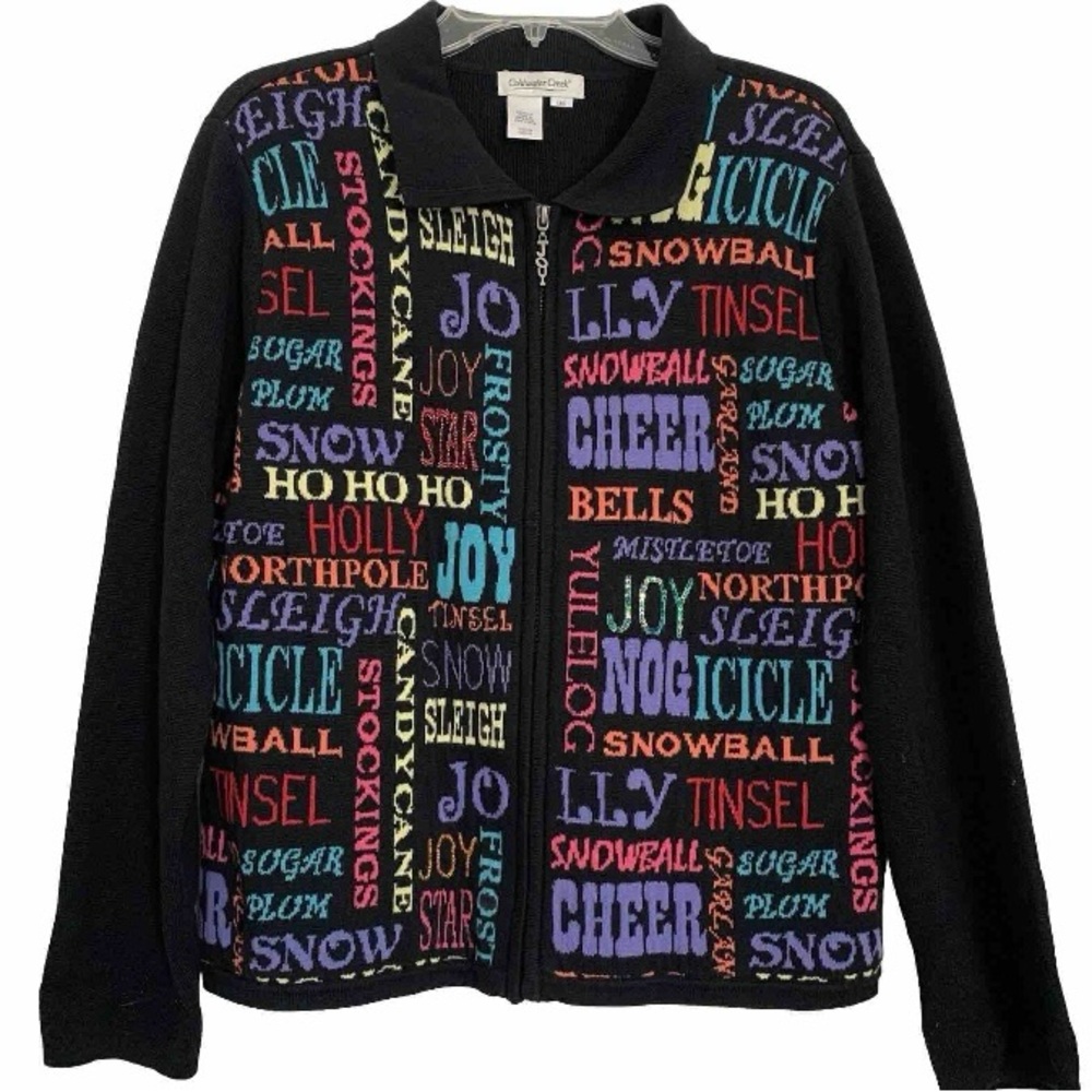 Coldwater Creek Cardigan Sweater Black Christmas 100% Cotton Spell Out Holiday L